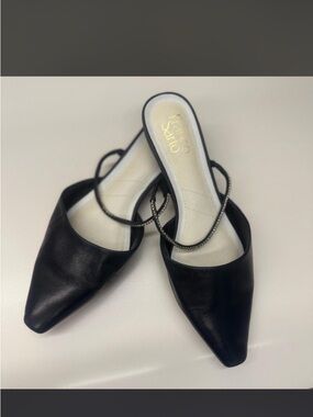Franco Sarto-Black Pointed Toe Slip-On Mules with Embellished Strap